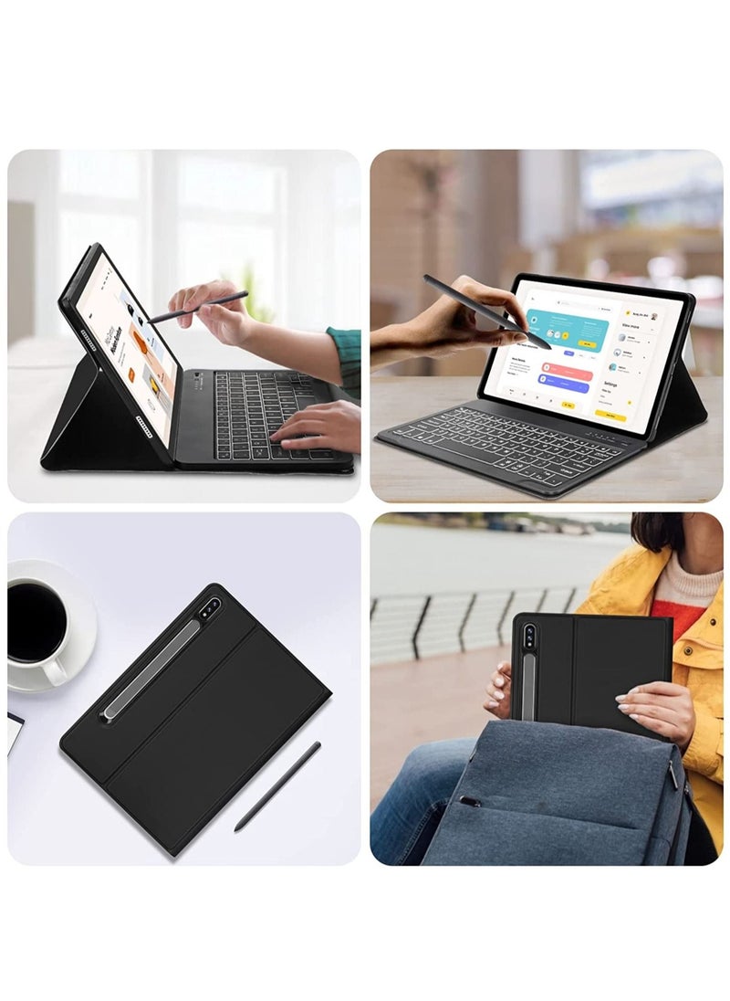 Bluetooth Keyboard Case For Samsung Galaxy Tab S7 / Galaxy Tab S8 with Built in Pen Tray & Detachable Magnetic Keyboard - Black