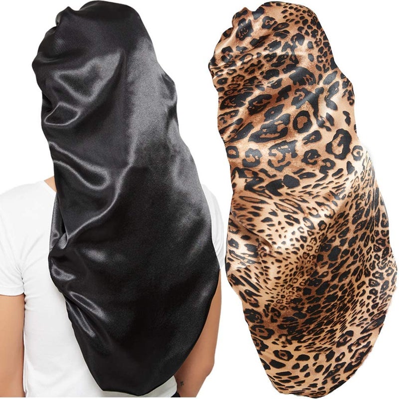2 Pcs Hair Bonnets for Women Satin Black Leopard Soft Elastic Band Silky Sleeping Cap Big Bonnets for Women Bonnet for Braids