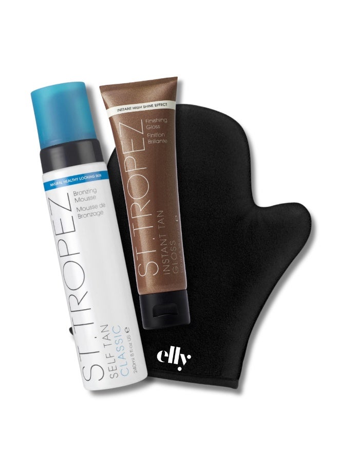 St.Tropez - 3x full size piece set : Classic tanning mousse tan 240ml, Instant Tan Gloss, ELLY glove mitt for application. For Women + men - Image 1