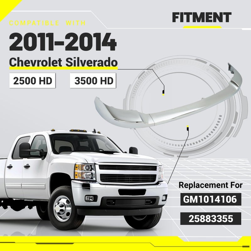 KUAFU Front Bumper Cover Upper Trim Cap Compatible with 2011-2014 Chevy Chevrolet Silverado 2500 3500 HD GM1014106, 25883355 ABS Plastic Chrome Replacement Only 3PCS-Silvery - Image 2