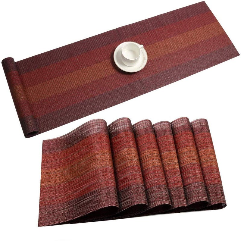 Placemats with Table Runner Set Vinyl Woven Insulation Heat Resistant Kitchen Table Mats for Family DinnerOutdoor or Indoor PartiesFarmhouseThanksgivingChristmas  GatheringColorful Red
