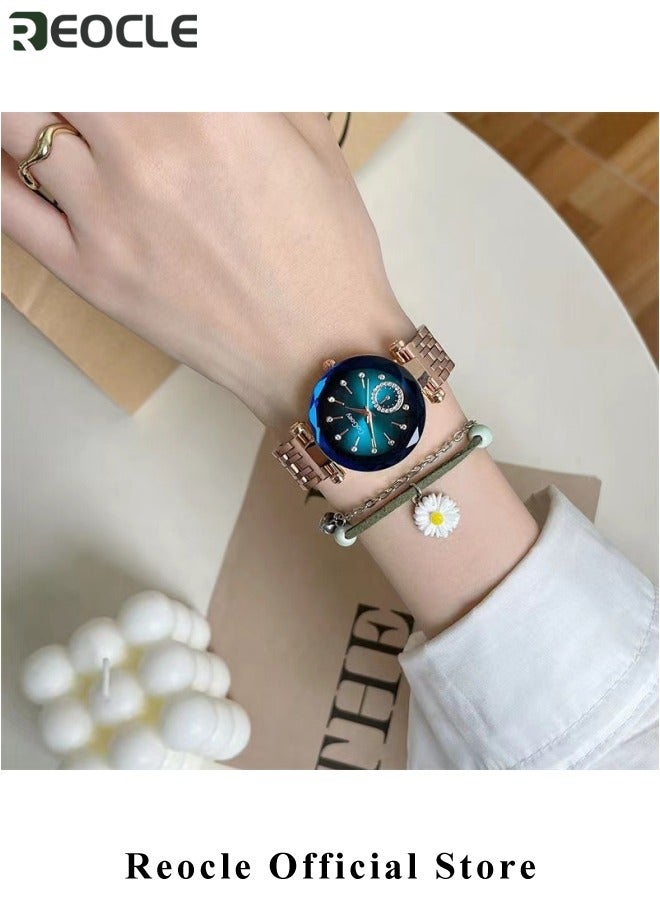 REOCLE Ladies Wrist Watch Womens Jewellery Crystal Bracelet Watch with Diamond Cut Mirror Elegant Watch Analog Quartz Watches Stainless Steel Strap - Image 5