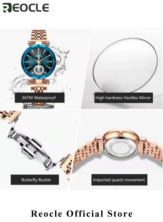 REOCLE Ladies Wrist Watch Womens Jewellery Crystal Bracelet Watch with Diamond Cut Mirror Elegant Watch Analog Quartz Watches Stainless Steel Strap - Image 3