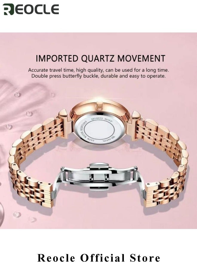 REOCLE Ladies Wrist Watch Womens Jewellery Crystal Bracelet Watch with Diamond Cut Mirror Elegant Watch Analog Quartz Watches Stainless Steel Strap - Image 2