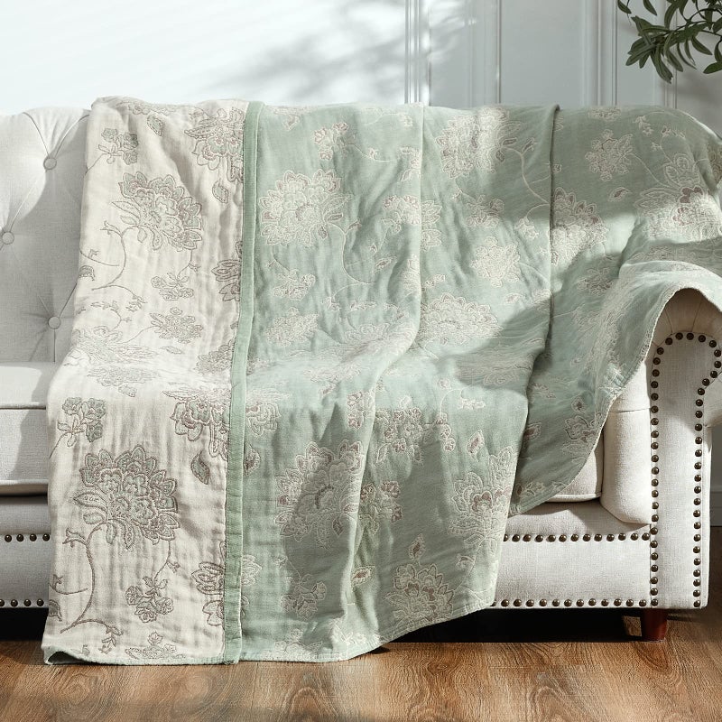 jinchan Boho 100% Cotton Muslin Twin Size 60x80 Inches Blanket Lightweight 4-Layer Quilted Soft Green and Beige Floral Throw Blanket Reversible Comfy Flower Breathable All Seasons Couch Bedroom Decor - Image 1