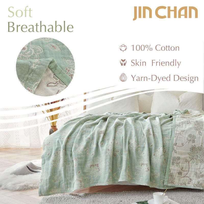 jinchan Boho 100% Cotton Muslin Twin Size 60x80 Inches Blanket Lightweight 4-Layer Quilted Soft Green and Beige Floral Throw Blanket Reversible Comfy Flower Breathable All Seasons Couch Bedroom Decor - Image 2