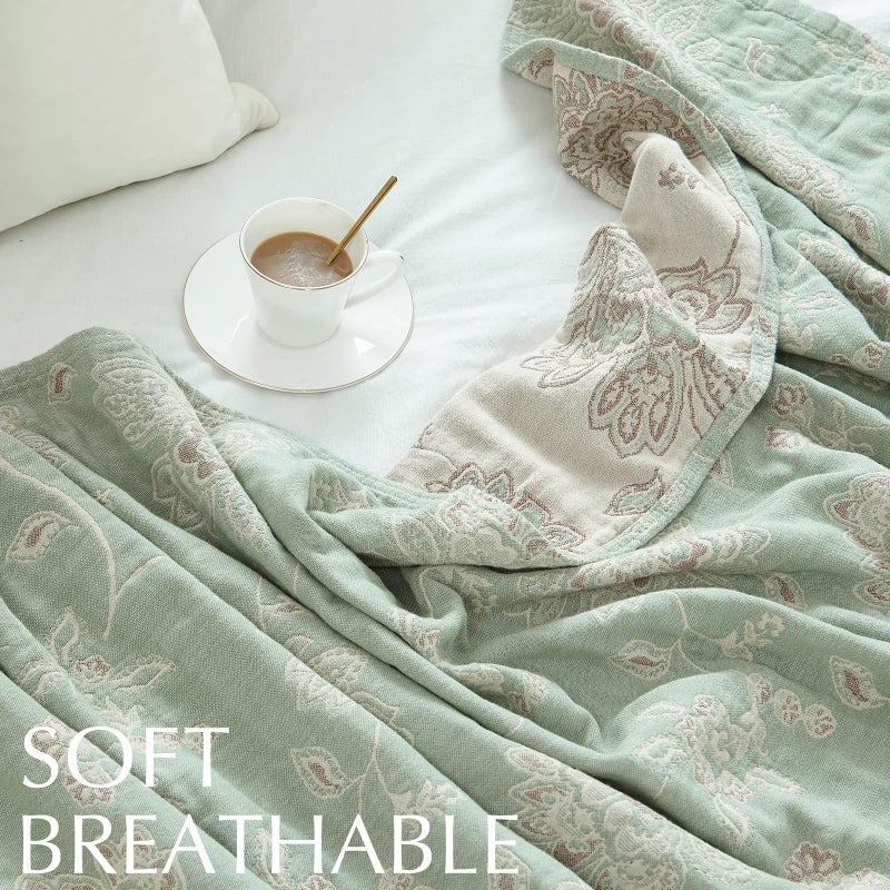 jinchan Boho 100% Cotton Muslin Twin Size 60x80 Inches Blanket Lightweight 4-Layer Quilted Soft Green and Beige Floral Throw Blanket Reversible Comfy Flower Breathable All Seasons Couch Bedroom Decor - Image 4