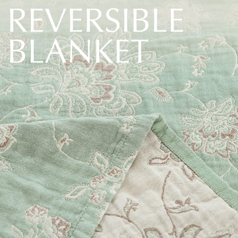 jinchan Boho 100% Cotton Muslin Twin Size 60x80 Inches Blanket Lightweight 4-Layer Quilted Soft Green and Beige Floral Throw Blanket Reversible Comfy Flower Breathable All Seasons Couch Bedroom Decor - Image 5