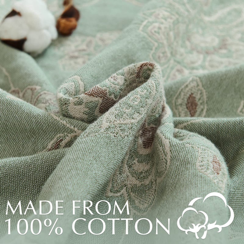 jinchan Boho 100% Cotton Muslin Twin Size 60x80 Inches Blanket Lightweight 4-Layer Quilted Soft Green and Beige Floral Throw Blanket Reversible Comfy Flower Breathable All Seasons Couch Bedroom Decor - Image 3