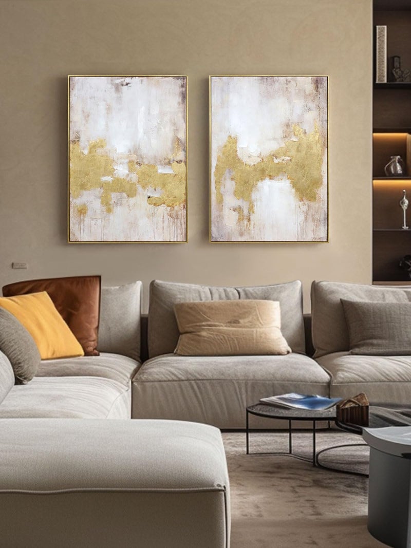 Zessonic 2 Piece Gold and Neutral Abstract Wall Art â€“ Modern Textured Canvas Prints with Hand-Applied Brush Strokes, Framed Artwork for Living Room, Bedroom, or Office, 20 x 28 Inches - Image 2