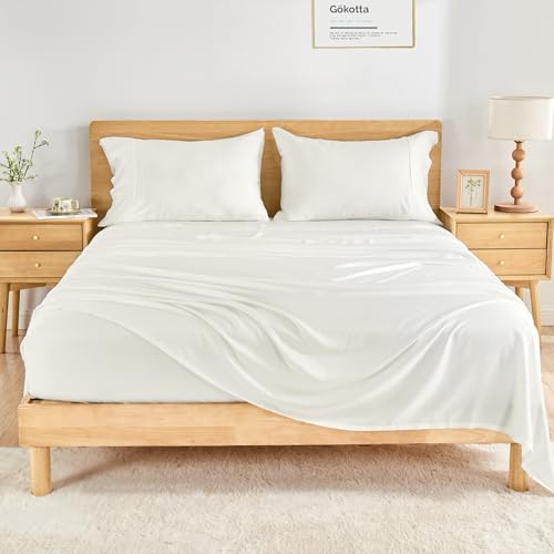 GOKOTTA Full Size Bed Sheets 4 Piece Set 100 Rayon Derived from Bamboo Cooling for Hot SleepersLuxury Breathable Soft Sheets Deep Pocket 15 Fitted Sheet with Elastic Corner Straps Cream White