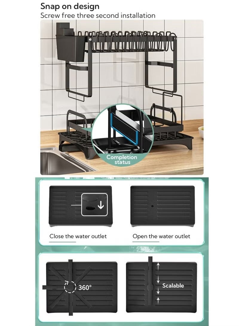Rock Pow 2 Tier Foldable Dish Drying Rack with Utensil Holder & Cutting Board Holder & Drainboard Tray, Rotatable Drainage System Scratch Resistant Frosted Baking Process Coatings  - Image 3