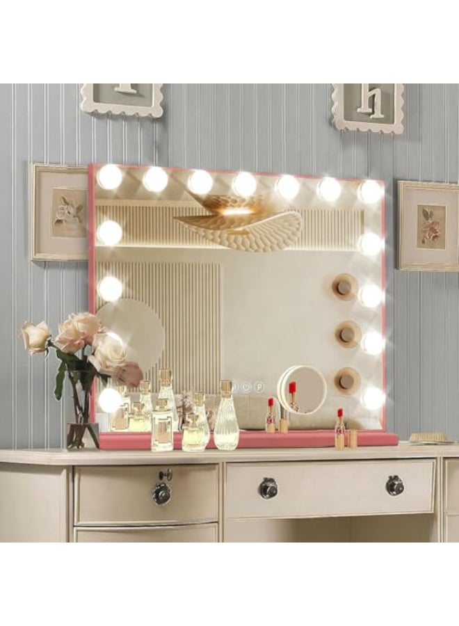 Ratsamee Pink Hollywood Vanity Mirror with Lights 15 Dimmable Bulbs 3 Color LightsMake Up Lighted Mirror Aluminum Metal Frame USB Charging Port23 x 18 - Image 1