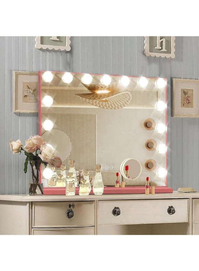 Ratsamee Pink Hollywood Vanity Mirror with Lights 15 Dimmable Bulbs 3 Color LightsMake Up Lighted Mirror Aluminum Metal Frame USB Charging Port23 x 18 - Image 2
