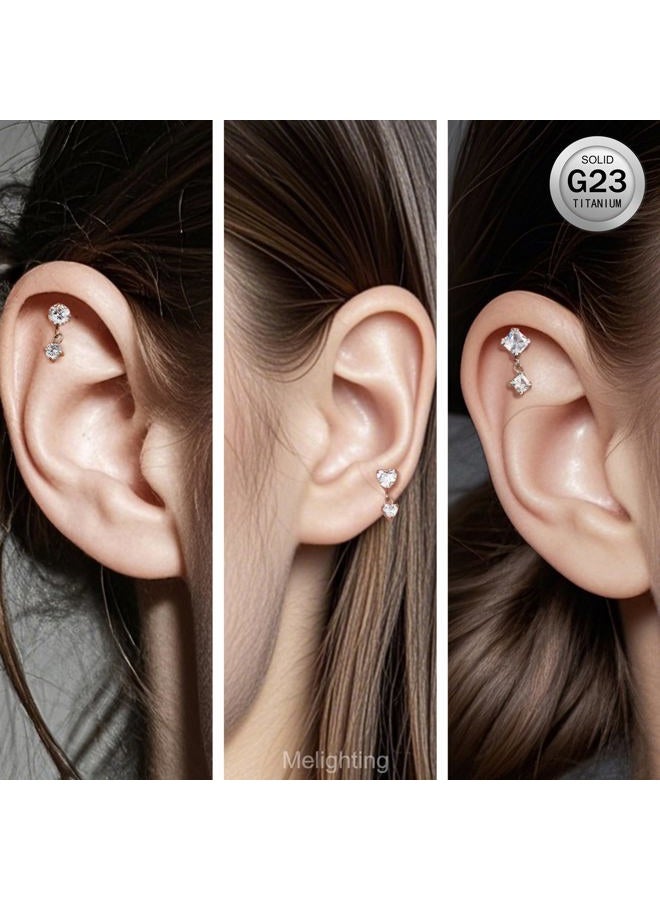 Melighting 16G Threaded Earring Titanium G23 Dangle Cartilage Earring Heart Threadless Push in Flat Back Earring Clear CZ Helix Earring Labret Tragus Stud for Women 6 mm - Image 3