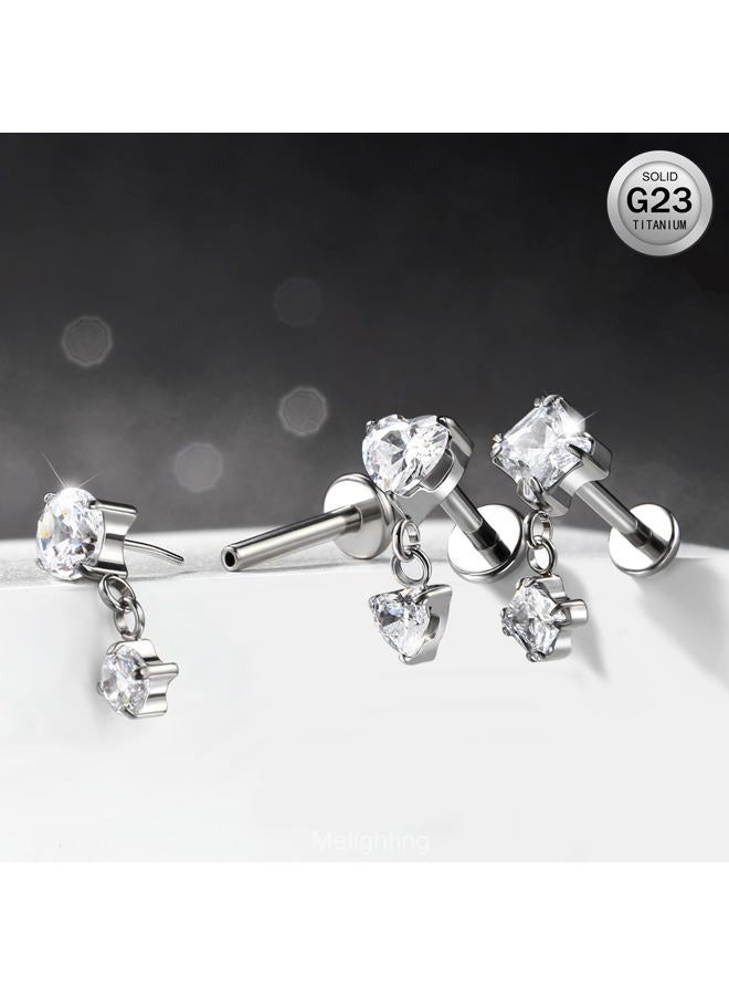 Melighting 16G Threaded Earring Titanium G23 Dangle Cartilage Earring Heart Threadless Push in Flat Back Earring Clear CZ Helix Earring Labret Tragus Stud for Women 6 mm - Image 5
