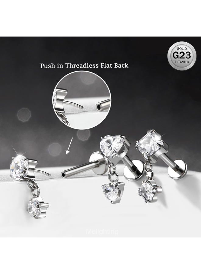 Melighting 16G Threaded Earring Titanium G23 Dangle Cartilage Earring Heart Threadless Push in Flat Back Earring Clear CZ Helix Earring Labret Tragus Stud for Women 6 mm - Image 2
