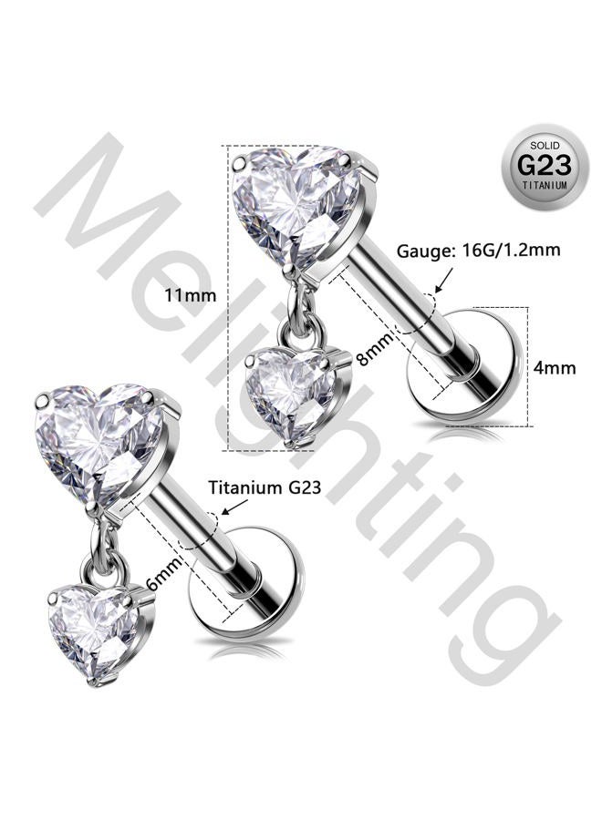 Melighting 16G Threaded Earring Titanium G23 Dangle Cartilage Earring Heart Threadless Push in Flat Back Earring Clear CZ Helix Earring Labret Tragus Stud for Women 6 mm - Image 4