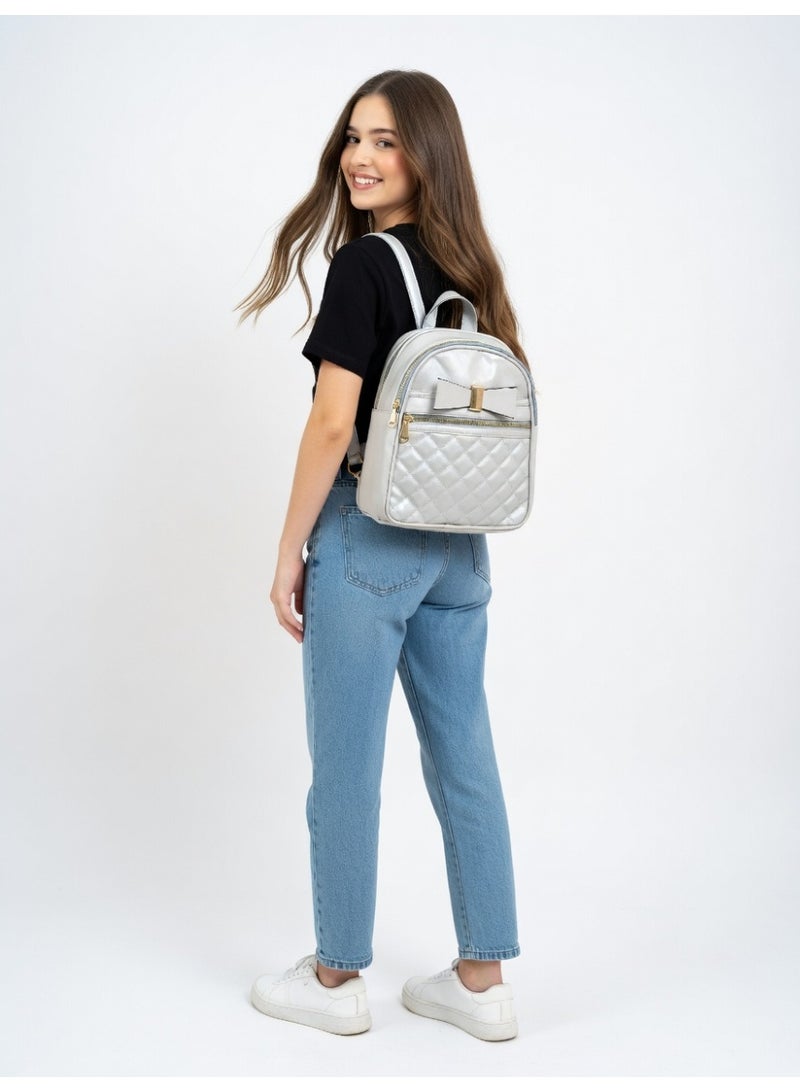 Elegant Quilted Bow Backpack – Premium Fashion Mini Backpack for Women-Grey - Image 4