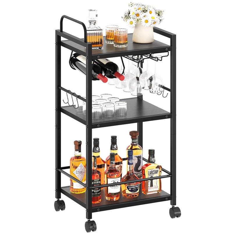 Vantimo Bar Cart for The Home, 3 Tier Kitchen Carts with Wheels, Small Rolling Cart with Glass Holders, Wine Rack, Mini Bar Cart for Kitchen, Dining Room, Living Room, 13.0" D x 17.0" W x 33.8" H, Black - Image 1