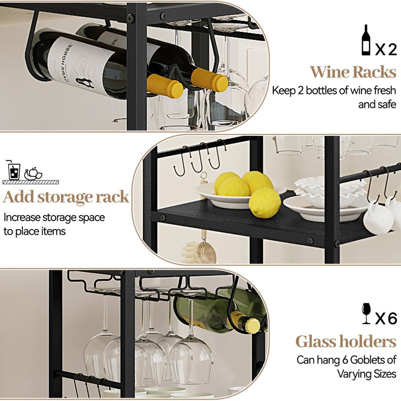 Vantimo Bar Cart for The Home, 3 Tier Kitchen Carts with Wheels, Small Rolling Cart with Glass Holders, Wine Rack, Mini Bar Cart for Kitchen, Dining Room, Living Room, 13.0" D x 17.0" W x 33.8" H, Black - Image 5