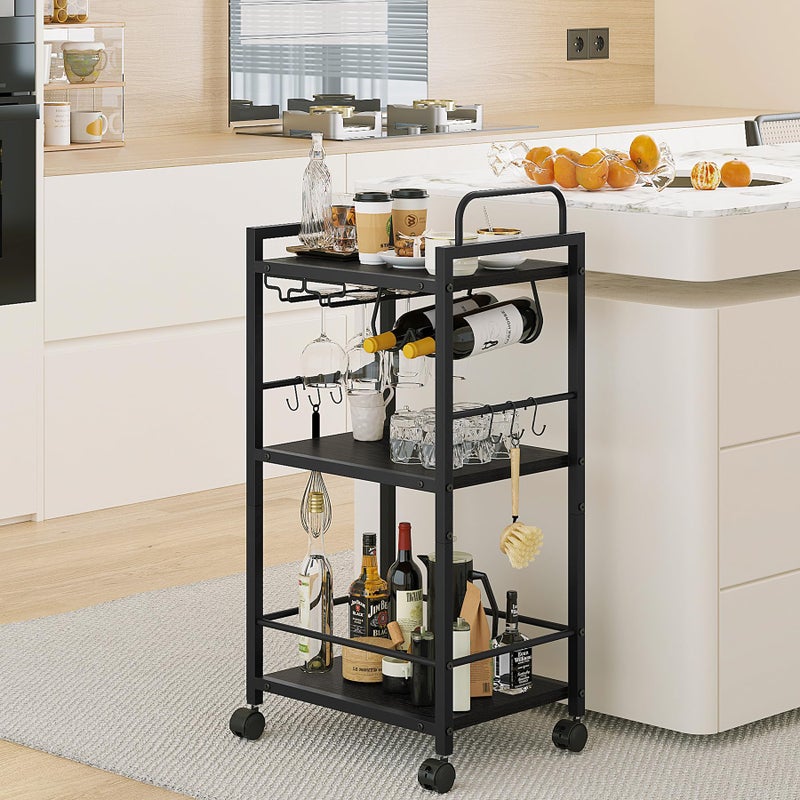 Vantimo Bar Cart for The Home, 3 Tier Kitchen Carts with Wheels, Small Rolling Cart with Glass Holders, Wine Rack, Mini Bar Cart for Kitchen, Dining Room, Living Room, 13.0" D x 17.0" W x 33.8" H, Black - Image 2
