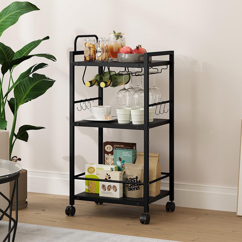 Vantimo Bar Cart for The Home, 3 Tier Kitchen Carts with Wheels, Small Rolling Cart with Glass Holders, Wine Rack, Mini Bar Cart for Kitchen, Dining Room, Living Room, 13.0" D x 17.0" W x 33.8" H, Black - Image 3
