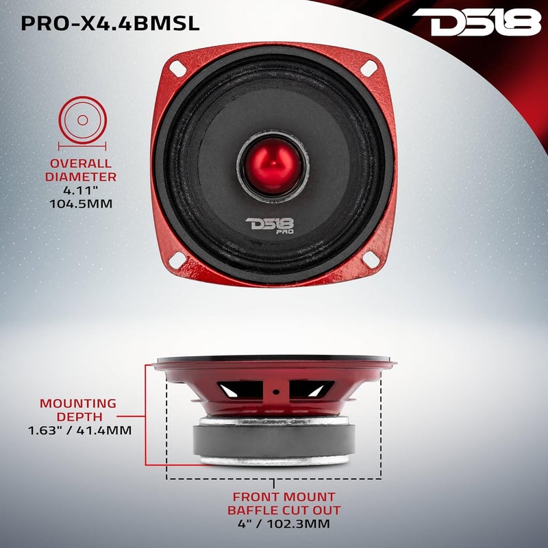 DS18 PRO-X4.4BMSL Car Speaker 4" Shallow Mid-Range Loudspeaker with Bullet 200 Watts Max Power 100 Watts RMS 4-Ohm - Image 3