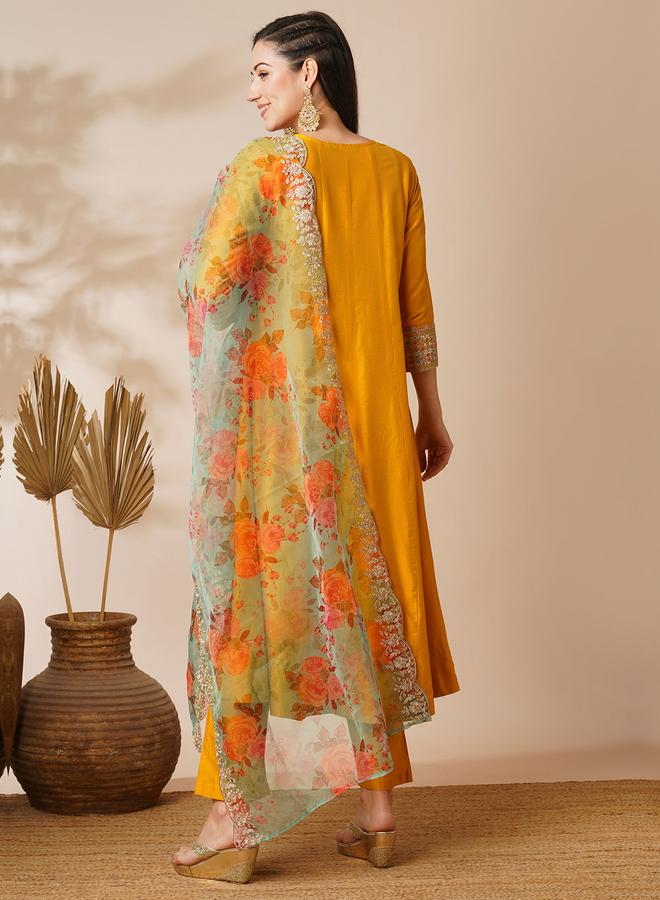 globus Embroidered Yoke Paneled Anarkali Kurta, Pants and Organza Dupatta Festive Set - Image 3
