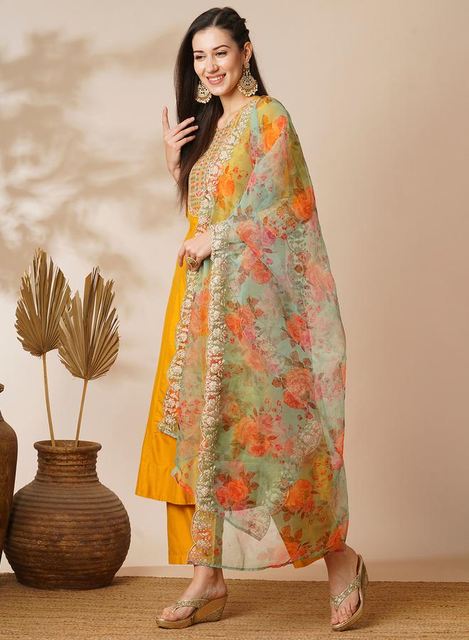 globus Embroidered Yoke Paneled Anarkali Kurta, Pants and Organza Dupatta Festive Set - Image 2