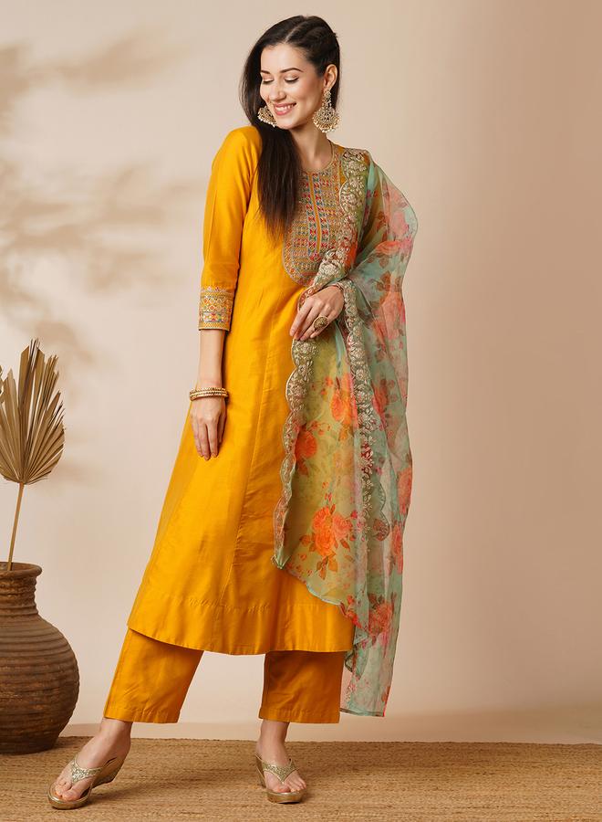 globus Embroidered Yoke Paneled Anarkali Kurta, Pants and Organza Dupatta Festive Set - Image 1
