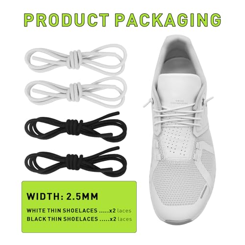 NDTEZUGT 2 Pairs 1/10" (2.5mm) Elastic Thin Shoe Laces, Stretch Round Shoelaces Shoe Strings Replacement for Sneaker,Tieless No Tie Laces for Adults and Kids (Black+White, 16''/40cm) - Image 2