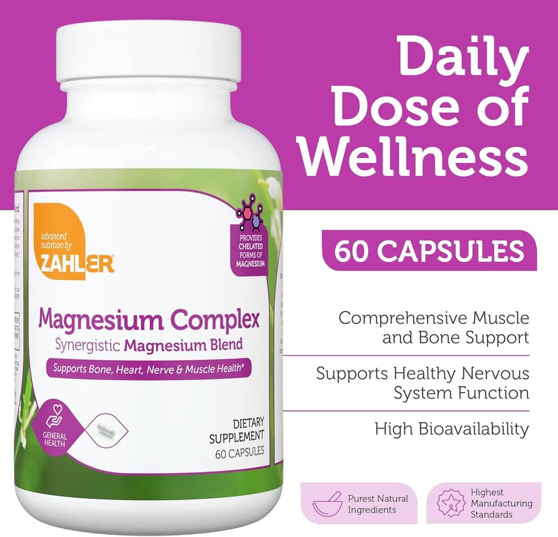 Zahler Magnesium Complex Supplement  Multi Magnesium Supplement Blend with Magnesium Glycinate Malate Aspartate Taurinate and Oxide Plus Vitamin B6  Bone Nerve Heart  Muscle Health 60 Capsules - Image 2