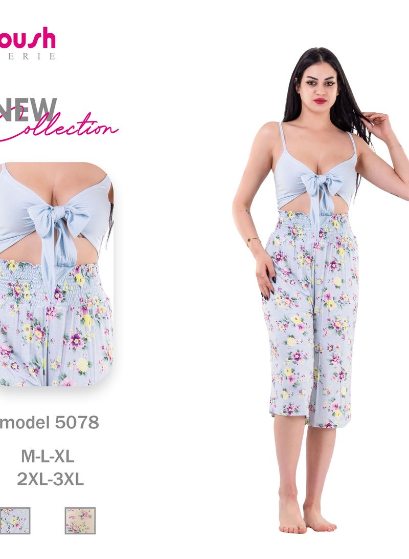 Dadoush Women's Bermuda Floral Pattern Pajamas - Women's Summer Pajama Set with Elastic Back Blouse  - Image 2