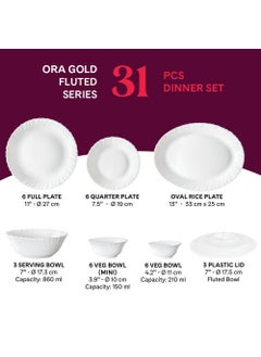 LARAH BY BOROSIL Larah by Borosil Ora Gold Fluted Series Opalware Dinner Set | 31 Pieces for Family of 6 | Microwave & Dishwasher Safe | Bone-Ash Free | Crockery Set for Dining & Gifting | Plates & Bowls | White  - Image 2