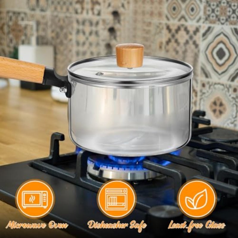 Stove-Safe Heat Resistant Glass Cooking Pot with Lid and Handle, 60 oz Clear Glass Saucepan for Baby Food, Soup, Pasta, Milk, Noodles, Sauces Non-Toxic, Transparent, Durable - Image 2