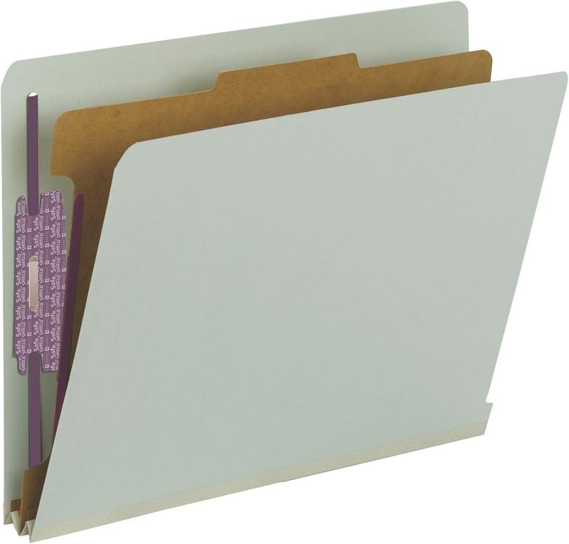 Smead 100% Recycled End Tab Pressboard Classification File Folder with SafeSHIELD Fasteners, 1 Divider, 2" Expansion, Letter Size, Gray/Green, 10 per Box - Image 1