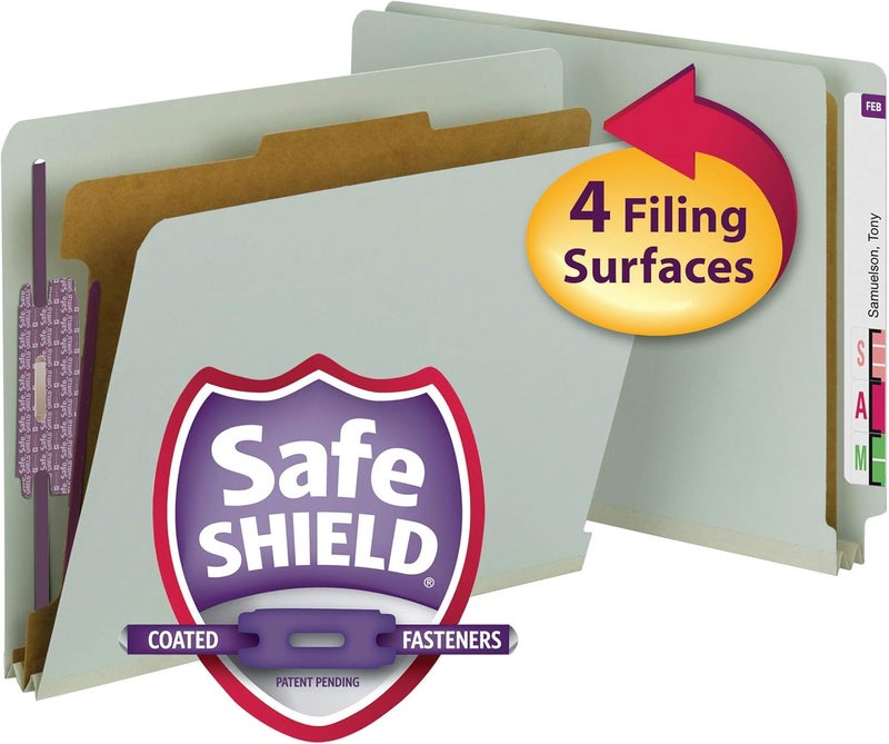 Smead 100% Recycled End Tab Pressboard Classification File Folder with SafeSHIELD Fasteners, 1 Divider, 2" Expansion, Letter Size, Gray/Green, 10 per Box - Image 2