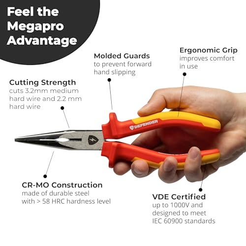MEGAPRO® DEFENDER Pliers | 1000V VDE Certified | 8.5" Long | Insulated | Electricians Tools (Needle Nose) - Image 3