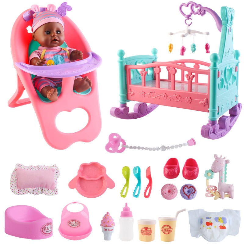 deAO Black Baby Doll Set  Mobile High Chair Stroller  Feeding Accessories  21 Piece Play Set Doll Included - Image 2