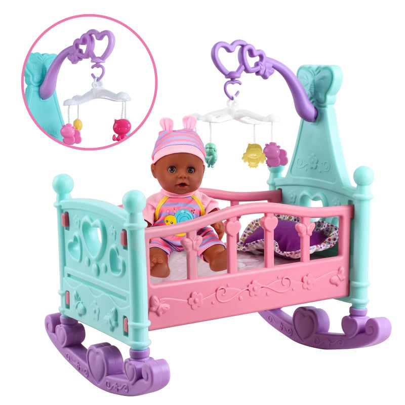 deAO Black Baby Doll Set  Mobile High Chair Stroller  Feeding Accessories  21 Piece Play Set Doll Included - Image 3