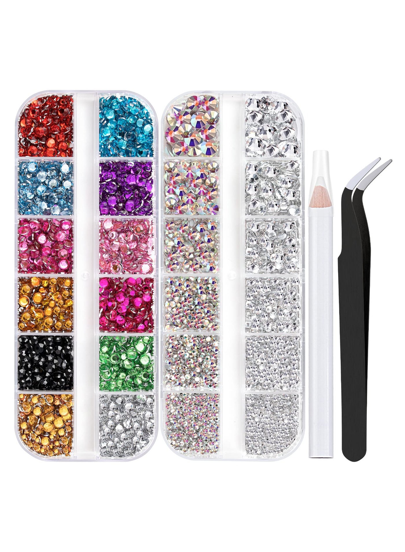 Flatback Rhinestones 4520 Pcs Colorful Nail Art Rhinestones Flatback Crystal Colorful+AB+Transparent White Rhinestone with Picker Pencil and Tweezer For Nail Art and Decoration