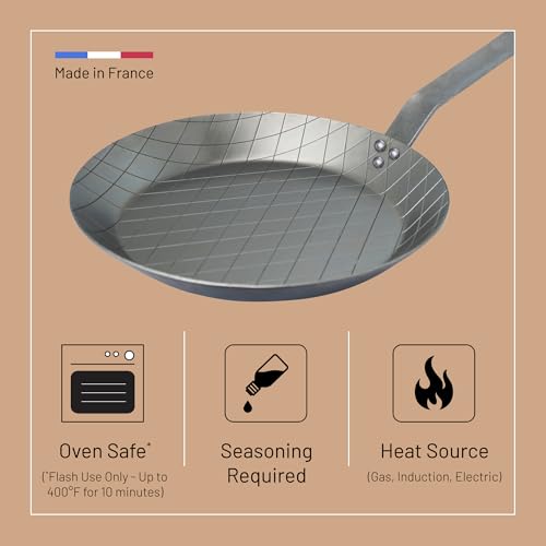 De Buyer MINERAL B Carbon Steel Steak Pan - 9.5” Diameter, 6.9” Cooking Surface - Ideal for Searing & Browning Meat - PFAS, PFOA & PFOS Free - Made in France - Image 3