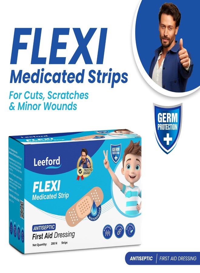 Leeford Flexi Medicated Strip | Antiseptic Washproof Bandage for Injury, Cuts, Abrasions & wounds | First Aid, Water Resistant Elastic Bandages Blocks 99% of Bacteria | Breathable, Soft & Flexible 200 Strips - Image 2