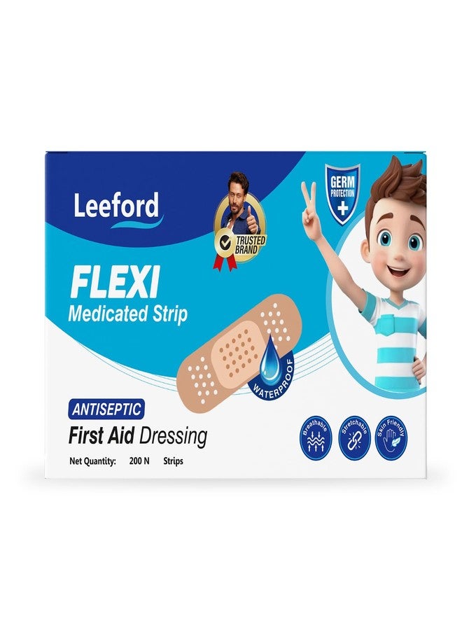 Leeford Flexi Medicated Strip | Antiseptic Washproof Bandage for Injury, Cuts, Abrasions & wounds | First Aid, Water Resistant Elastic Bandages Blocks 99% of Bacteria | Breathable, Soft & Flexible 200 Strips - Image 1