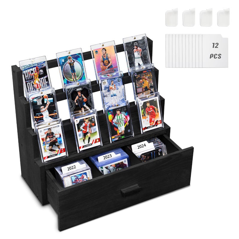 Emfogo Trading Card Display, 3-Tier Card Display Case with Custom Drawer, Wood Graded Card Display with Supporters and Dividers, Sports Card Display Case for Collection (Black) - Image 1