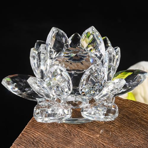 TENGFENG Sparkle Crystal Lotus Flower - 4'' Hue Reflection Clear Crystal Lotus for Feng Shui Home Decor Sun Catcher Ornaments or Paper Weight with Gift Box (100MM) Transparent - Image 1