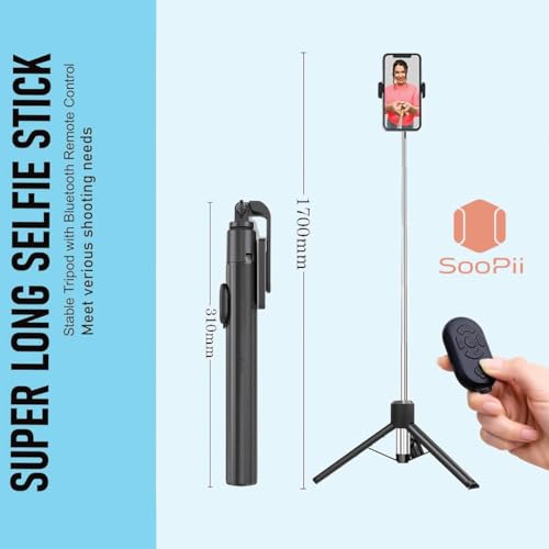 SooPii 3-in-1 Bluetooth Selfie Stick Tripod Stand for Mobile, Foldable & Portable Phone Holder with Wireless Remote, extendable 170cm Long Telescopic Monopod for Photoshoot & Vlogging, All Smartphones - Image 5