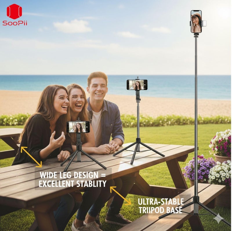 SooPii 3-in-1 Bluetooth Selfie Stick Tripod Stand for Mobile, Foldable & Portable Phone Holder with Wireless Remote, extendable 170cm Long Telescopic Monopod for Photoshoot & Vlogging, All Smartphones - Image 2
