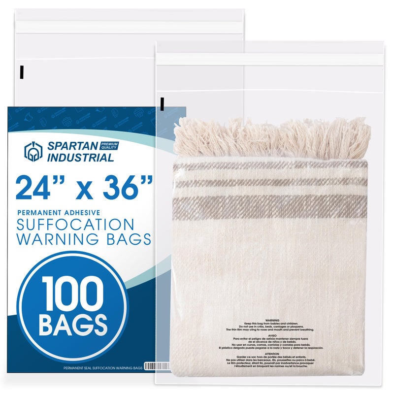 Spartan Industrial Spartan Industrial  24 X 36 100 Count Self Seal Clear Poly Bags with Suffocation Warning for Packaging T Shirts  Shipping  Permanent Adhesive